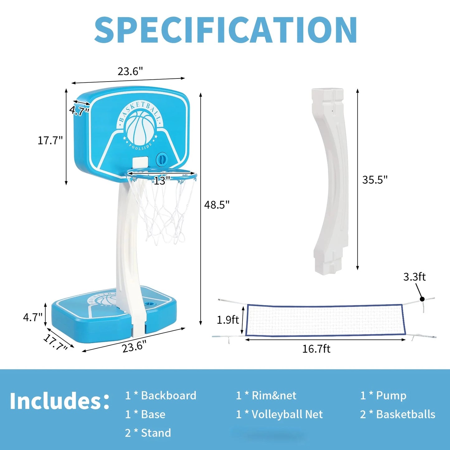 48" - 78" Adjustable Height Poolside Basketball System (Kids)